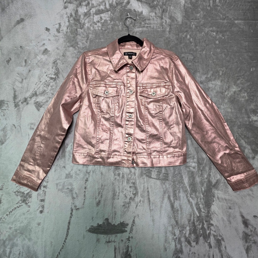 INC International Concepts Rose Gold Foil Metallic Denim Jacket Pink Medium 1960